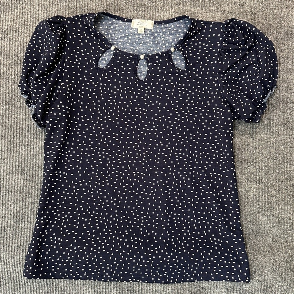Shannon Ford Keyhole Puff Sleeve Top Medium Navy Polka Dot Pearl Detail